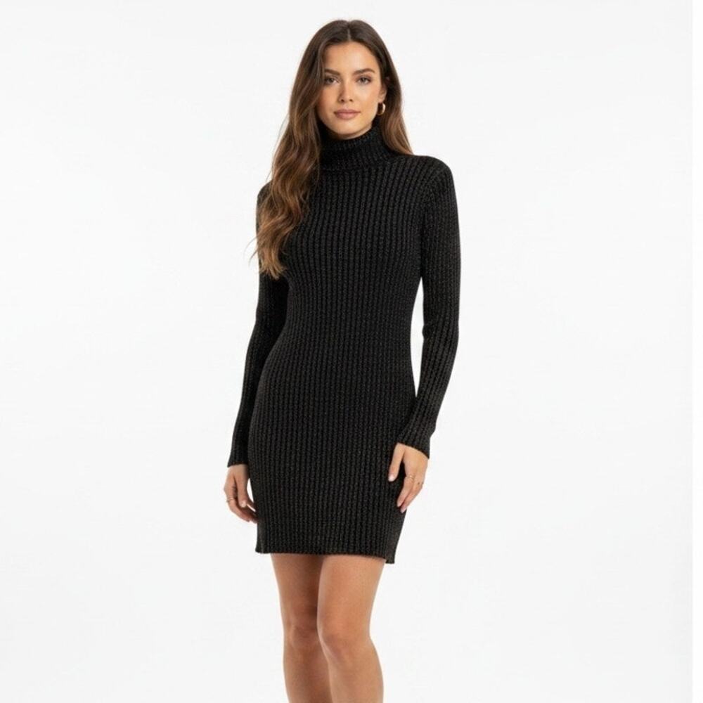 Clifford Wills XL Black Gold Metallic Silk Blend Ribbed Turtleneck Sweater Dress